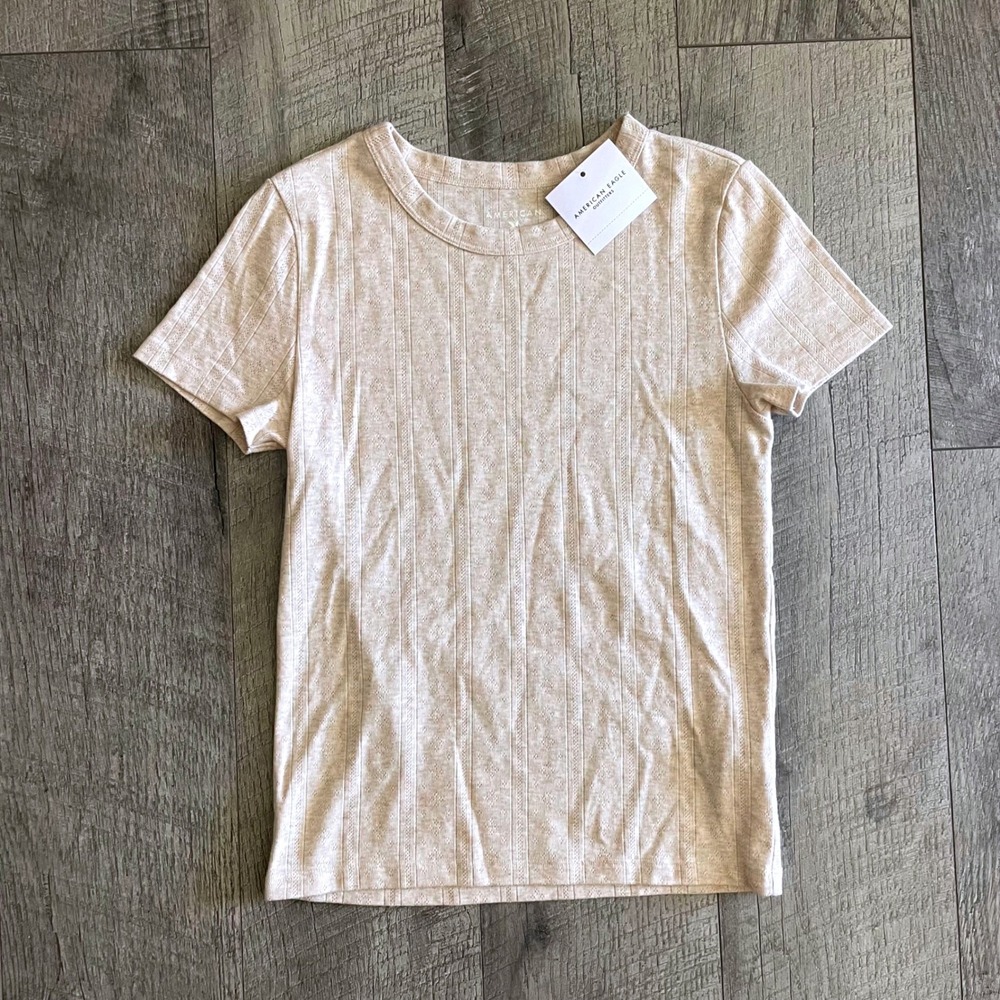 American Eagle Oatmeal Pointelle Ribbed Short Sleeve Crew Neck Tee Small NWT